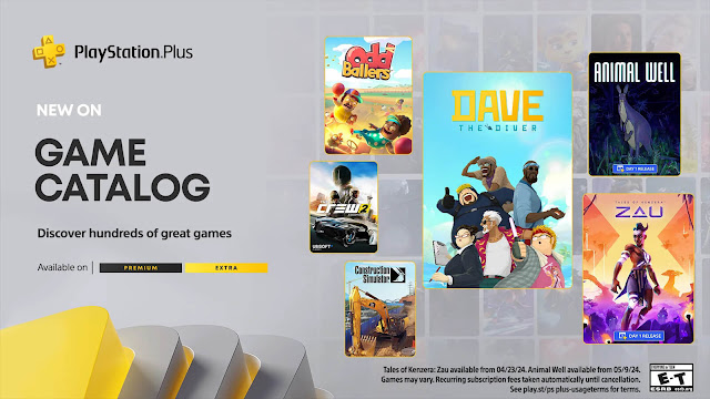 playstation plus extra premium tier game catalog animal well construction simulator dave the diver deliver us mars lego marvel's avengers lego ninjago movie videogame miasma chronicles nour play with your food oddballers raji an ancient epic stray blade tales of kenzera zau the crew 2 alone in the dark new nightmare star wars rebel assault ii hidden empire medievil ps4 ps5 sony interactive entertainment