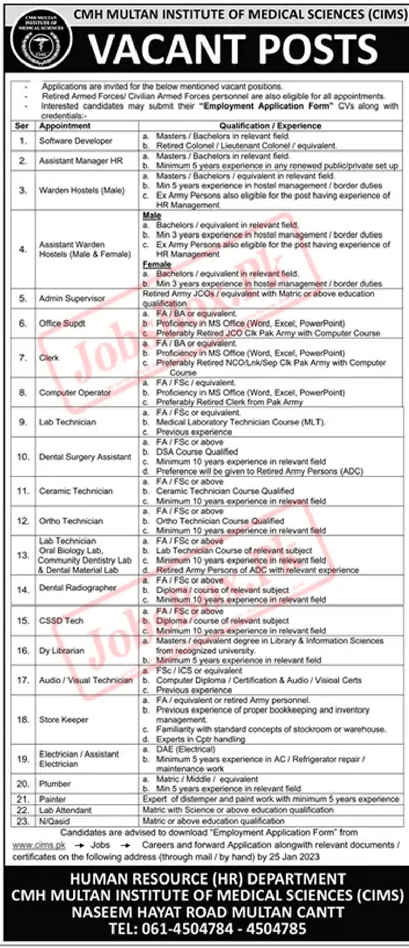 CMH Multan Institute of Medical Sciences CIMS Jobs 2023 - Latest Advertisement