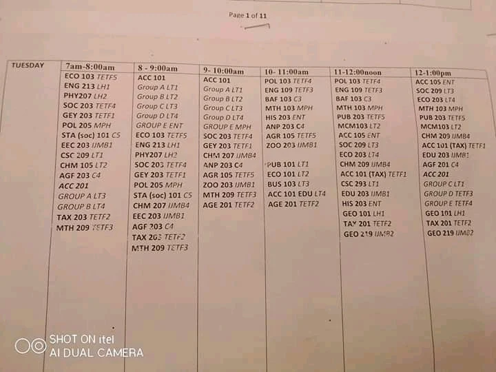 ADSU Lecture Timetable for 1st Semester 2020/2021