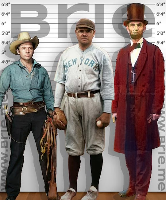 Babe Ruth standing with Audie Murphy and Abraham Lincoln