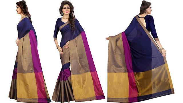 The Fashion Outlets Woven Bollywood Cotton Silk Saree  (Dark Blue)
