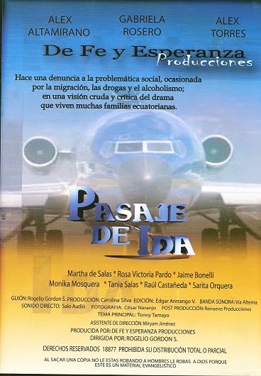 Pasaje de Ida
Hace una denuncia a la problemática social, ocasionada por la migración, las drogas y el alcoholismo; en una visión cruda y crítica del drama que viven muchas familias ecuatorianas.