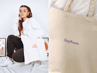 Sew Totes Just Peachy tote bag, modelled by girl with orange eyeshadow and sport-casual look, and personalised embroidered name tote, this one saying Stephanie in lilac embroidery.