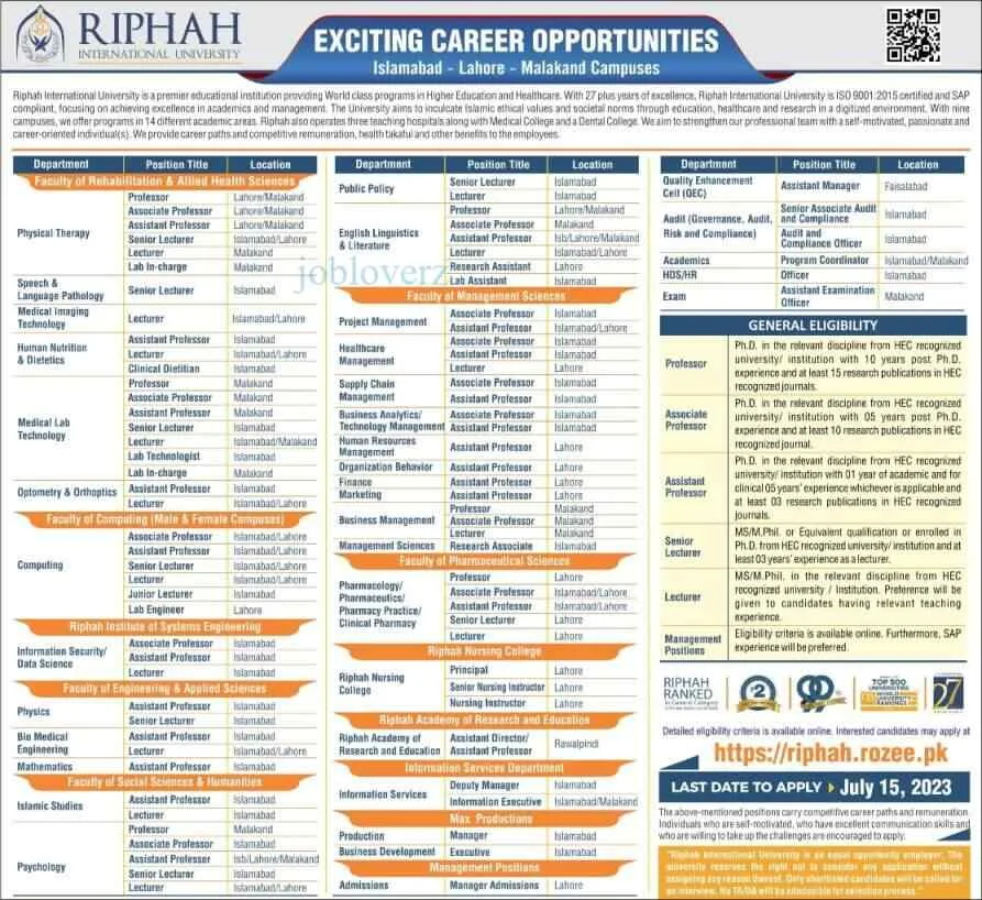 Riphah International University Announces Teaching Jobs 2023 in Pakistan