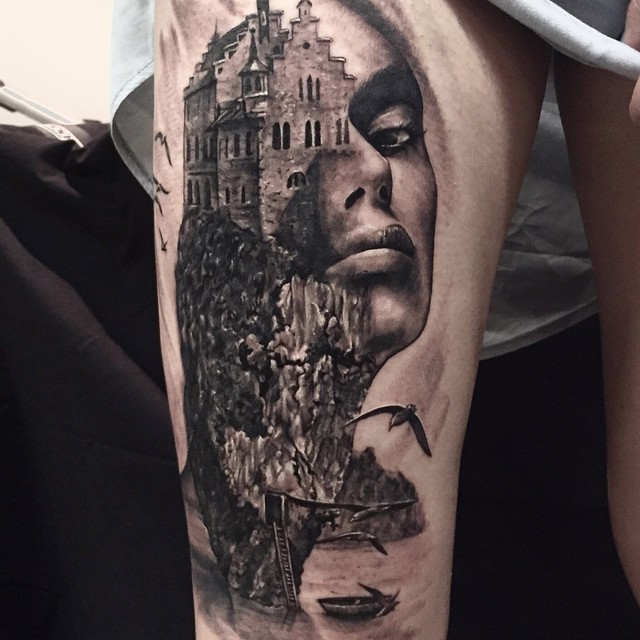 An abstract tattoo where  a girl's face is united with an old castle on a cliff