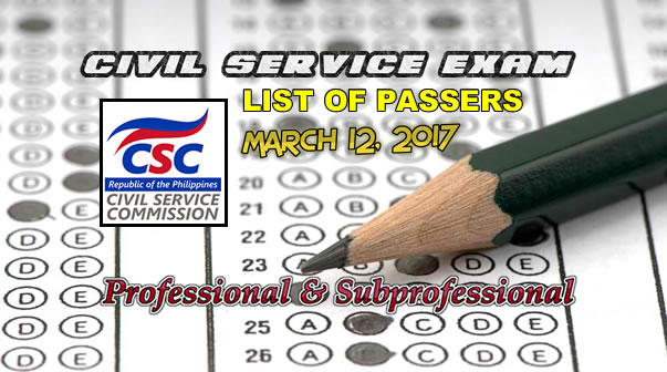 List of Passers Civil Service Exam March 12, 2017 Professional & Subprofessional Levels