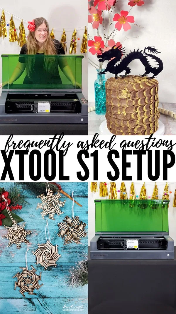 frequently asked questions xtool s1 setup collage showcasing the machine and a couple projects made with it.
