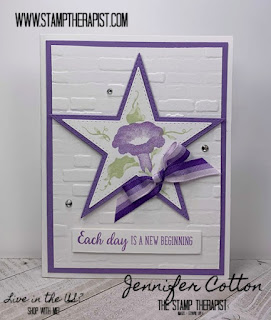 This Highland Heather card uses Stampin' Up!'s Morning Star set (it's retiring June 3, 2020!).  The background is the Brick & Mortar embossing folder.  Check the blog for more info and a video! #StampTherapist #StampinUp