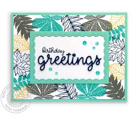 Sunny Studio Stamps: Elegant Leaves Birthday Greetings Aqua, Grey & Navy Leaf Card (using Greetings word die & Fancy Frames Stitched Scalloped Rectangle Dies)