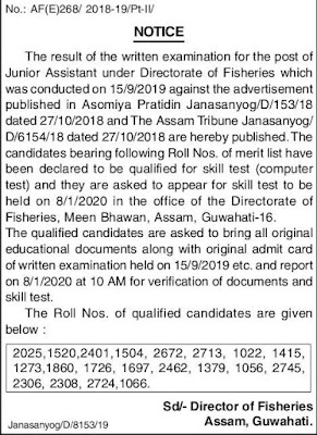 Director of Fisheries Assam, Guwahati, Exam Result Notification 2019