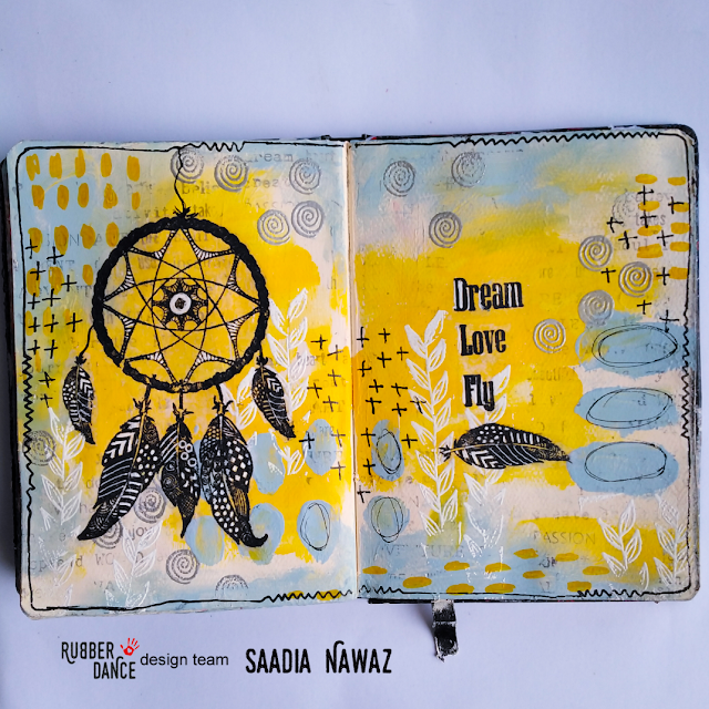 Art journal spread with Rubber Dance stamps, heat embossing and acrylic paints 