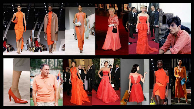Composição: Modelos vestidos com roupas e sapatos laranja.