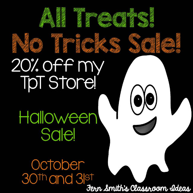 Fern Smith's Classroom Ideas Happy Halloween Sale, 2016 on TpT. No Tricks Just Treats for Teachers at my 20% Off at Teacherspayteachers store.