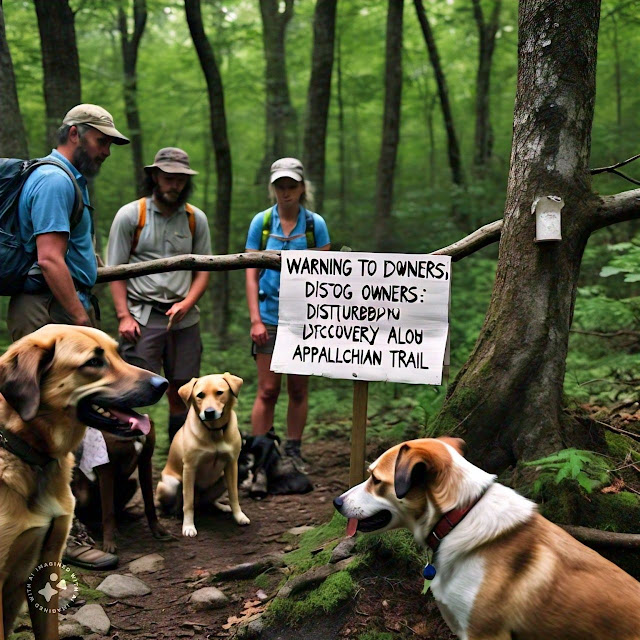 Image of a warning banner with a bold and striking design, featuring a silhouette of a dog and a hiking trail, with a red warning symbol and a cautionary message to alert dog owners of a disturbing discovery along the Appalachian Trail, to ensure the safety and well-being of their pets.