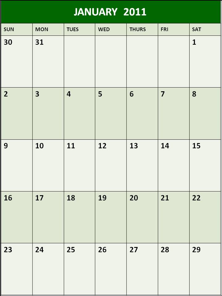 January 2011 Calendar Blank Printable Template