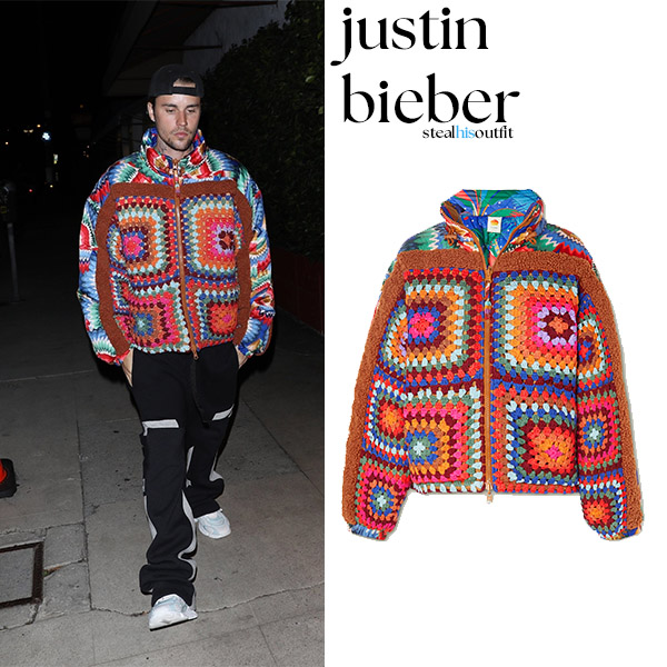 Justin Bieber in crochet colorful puffer jacket