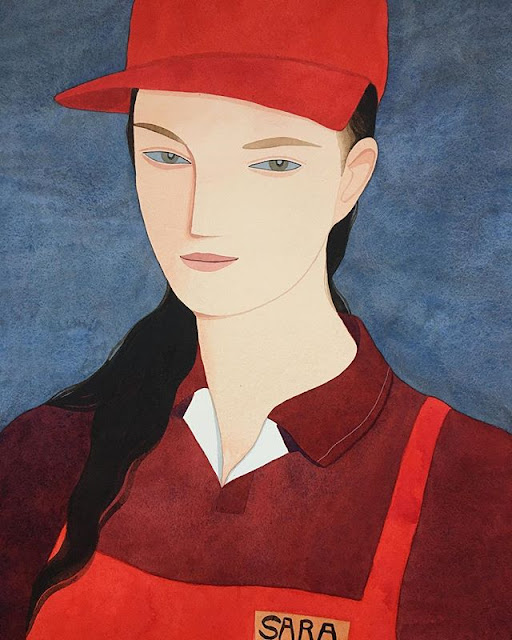 Kelly Beeman arte | dibujo en acuarela de mujer trabajadora fast-food