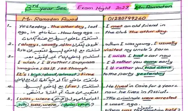 مراجعة ليلة الامتحان على جرامر اللغة الانجليزية للصف الثالث الثانوى 2022