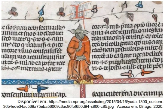 A figura da imagem ilustra a página de um manuscrito medieval do séc. XIV, atualmente na British Library, e possui semelhança com o personagem Mestre Yoda, da série Star Wars.