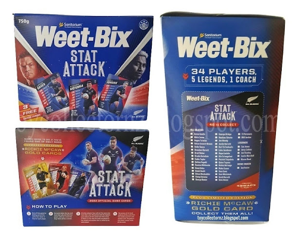 Weet-Bix Rugby Cards 2022 All Blacks Stat Attack 750gms Weetbix box showing Stat Attack promotion, front, rear and side views