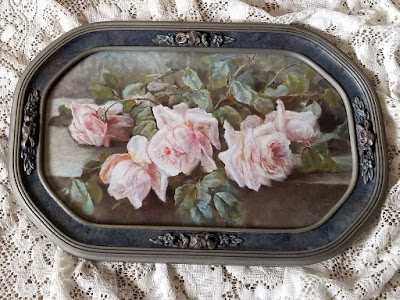 Pink Cabbage Roses antique barbola convex bubble glass frame