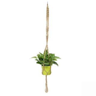 The plant hanger net is made of solid hempen cord with macrame knots that have the color of a natural plant for garden indoor or outdoor