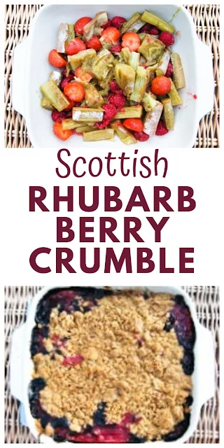 Scottish Rhubarb & Berry Crumble. A traditional Scottish pudding, that's easy to make with fresh fruit or frozen fruit. Families love this fruity dessert with custard or ice cream. #rhubarbcrumble #rhubarbcrisp #berrycrumble #berrycrisp #fruitcrisp #fruitcrumble #scottishcrumble #scottishpudding