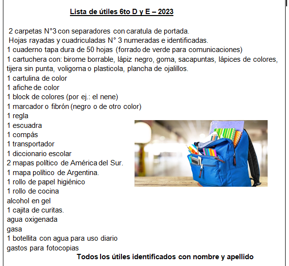 LISTA DE MATERIALES 6° A, B, C, D Y E