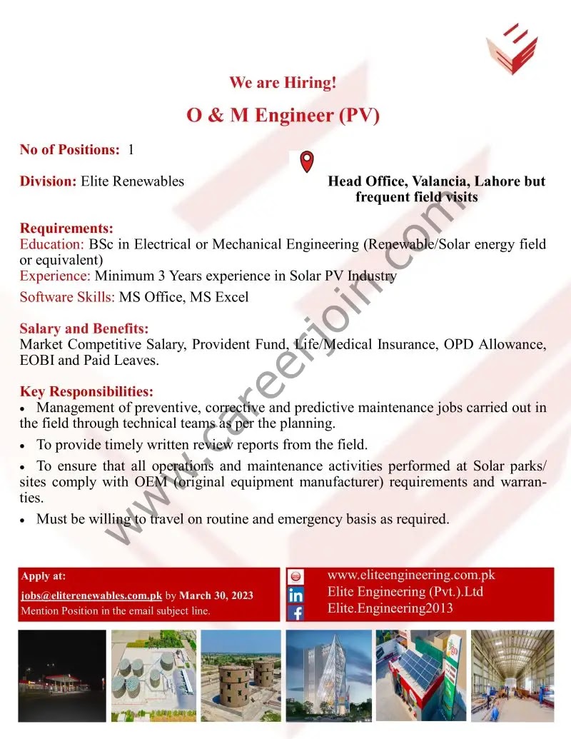 Elite Engineering Pvt Ltd Jobs O & M Engineer PV: