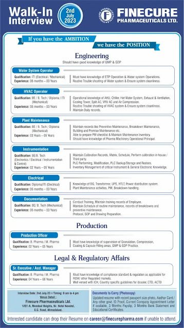 Finecure Pharmaceuticals Walk In Interview For Production/ Documentation/ Legal & Regulatory Affairs/ Water System/ HVAC/ Maintenance/ Instrumentation/ Electrical