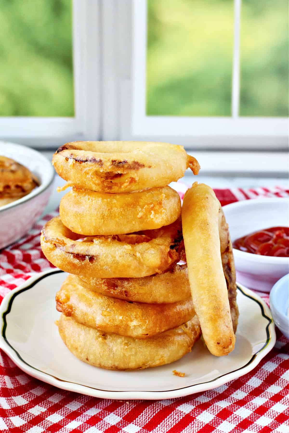 Stack of Three-Ingredient Sourdough Onion Rings.