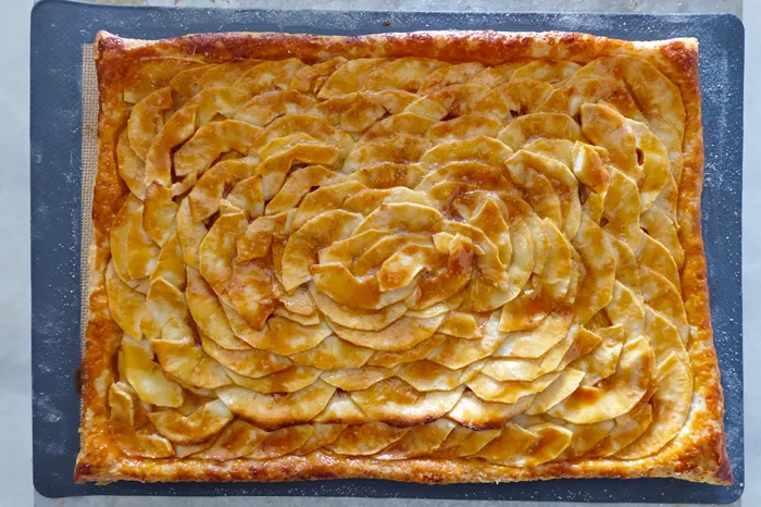 baked apple mosaic tart on baking sheet