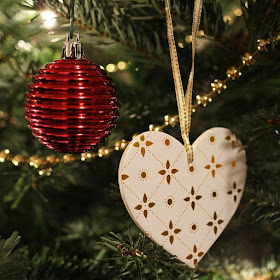 Heart and bauble decorations on a real Christmas Tree