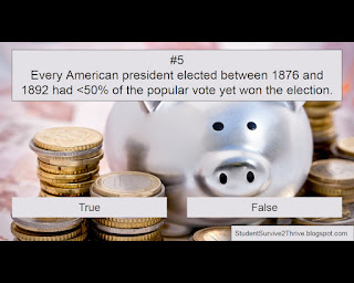 Every American president elected between 1876 and 1892 had <50% of the popular vote yet won the election. Answer choices include: true, false