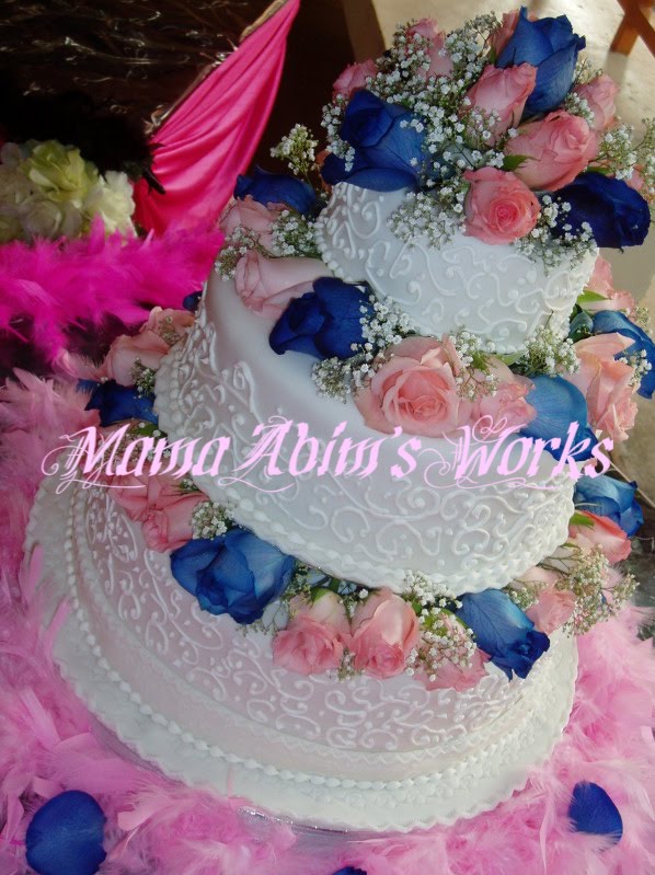 ThreeTier Wedding Cake with Pink and Blue Fresh Roses