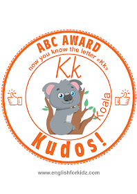 Printable award for ABC learning -- letter k is for koala