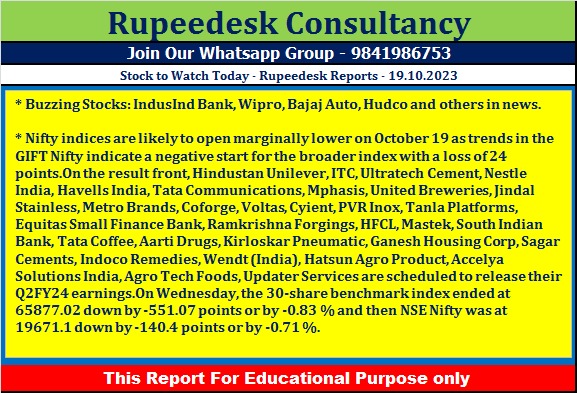 Stock to Watch Today - Rupeedesk Reports - 19.10.2023