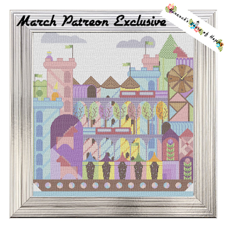 floating fairy tale city cross stitch pattern, full coverage cross stitch pattern to download