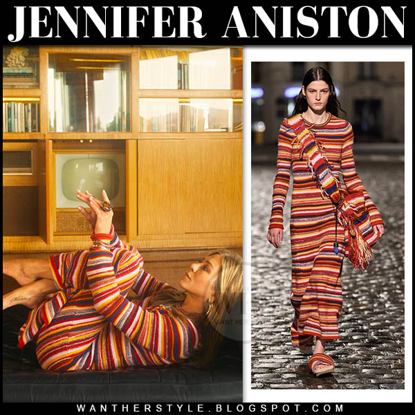Jennifer Aniston in striped knit maxi dress