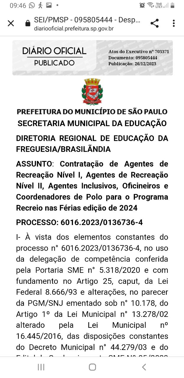 DRE FREGUESIA/BRASILÃNDIA: Contratação para o Programa Recreio nas Férias edição de 2024