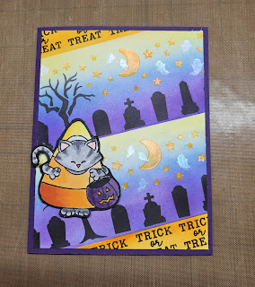 Angy Hughes's card features Spooky Line and Candy Corn Newton by Newton's Nook Designs; #inkypaws, #newtonsnook, #catcards, #halloweencards, #cardchallenge, #cardmaking