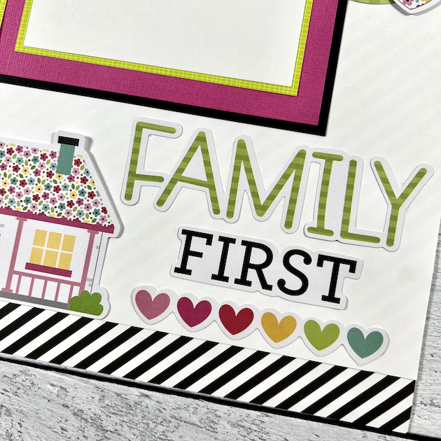 12x12 Family Scrapbook Page with hearts and house