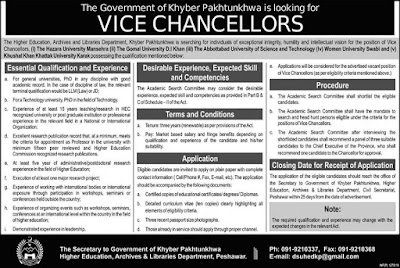 Higher Education (Kpk) Jobs 2019 for Vice chancellors Archives and Libraries Jobs 2019