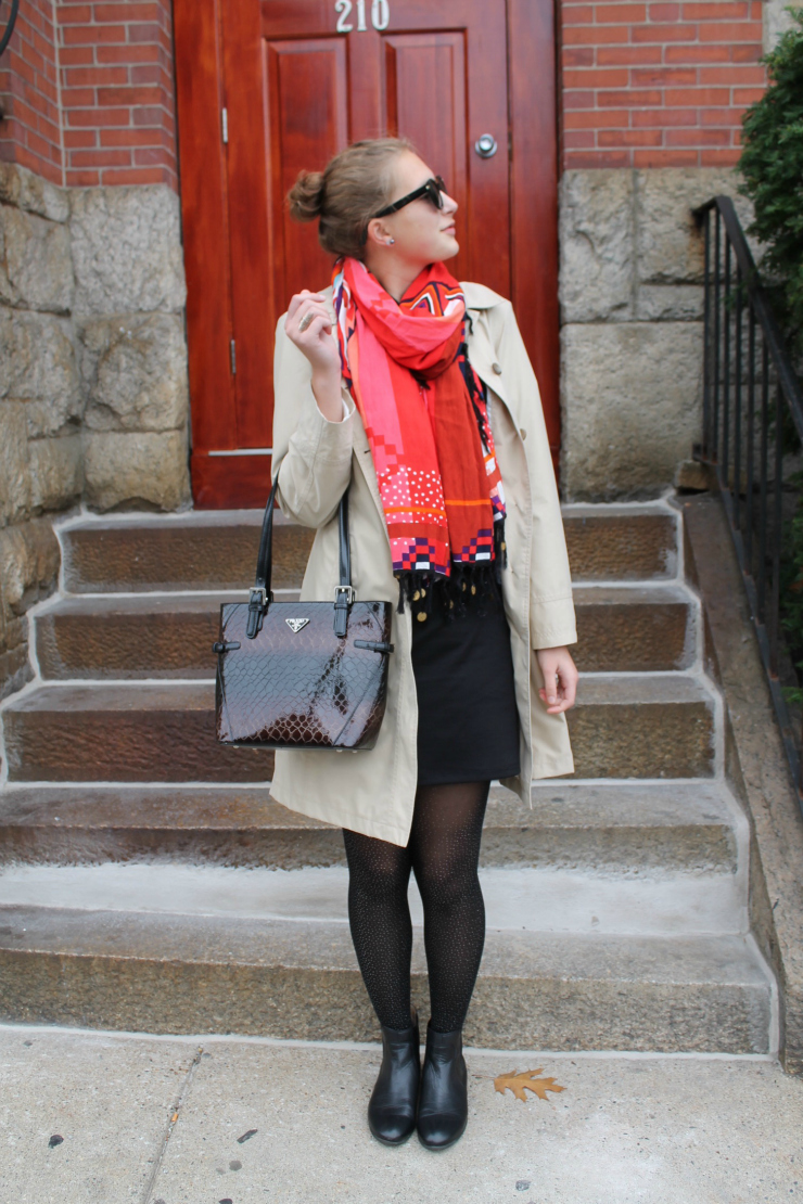 Chic city look - trench coat, LBD and Prada purse