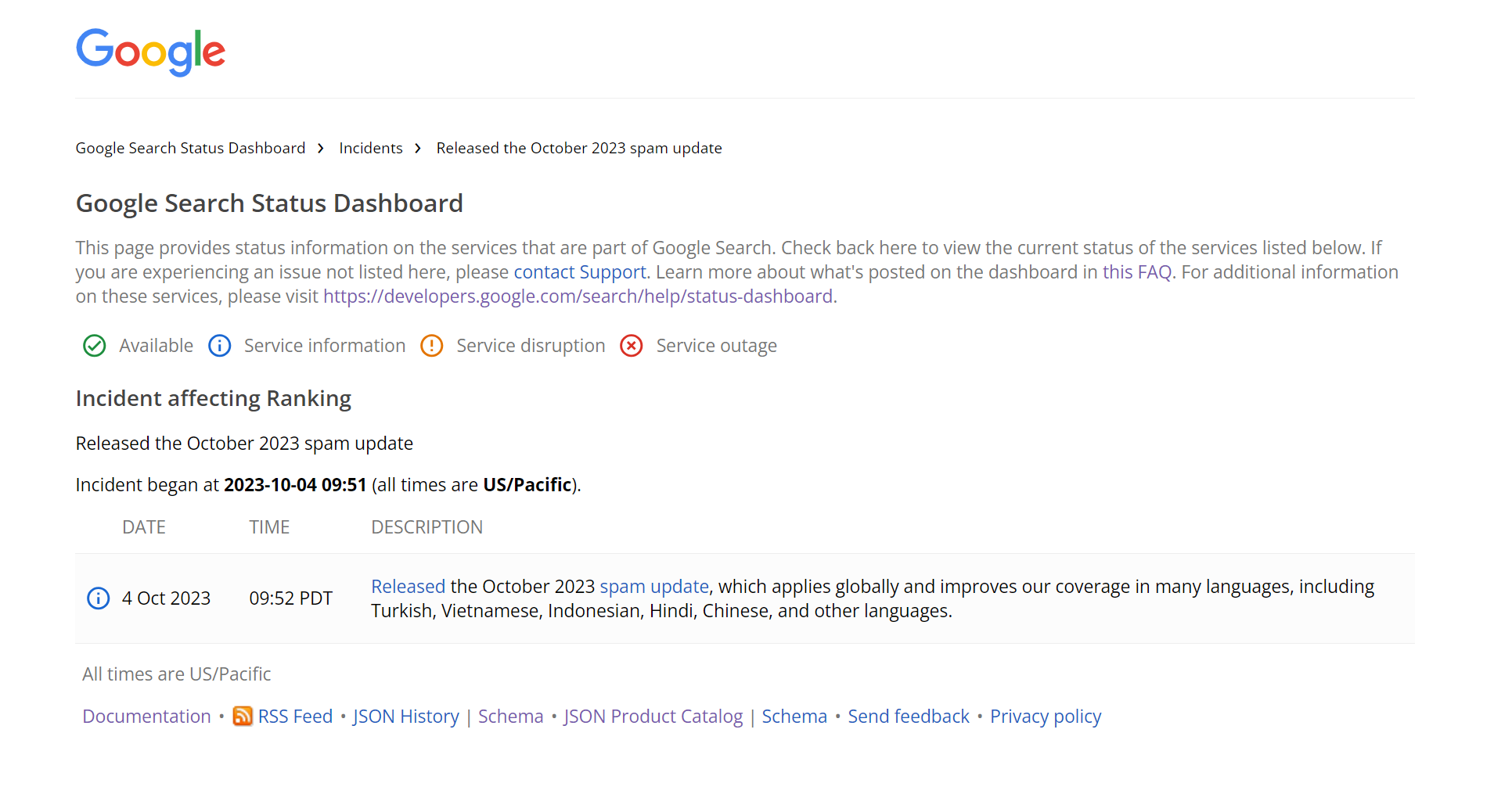 لقطة شاشة من لوحة بيانات حالة بحث جوجل تُظهر إطلاق تحديث المحتوى غير المرغوب فيه الأساسي لشهر اكتوبر 2023 في أنظمة بحث جوجل