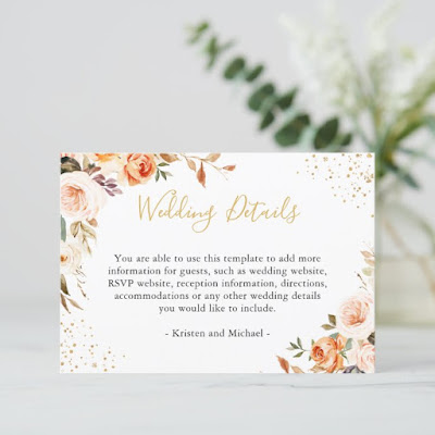  Autumn Floral Leaves Gold Glitters Wedding Details Enclosure Card