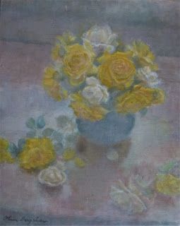 Yellow and White Roses in a Blue Vase