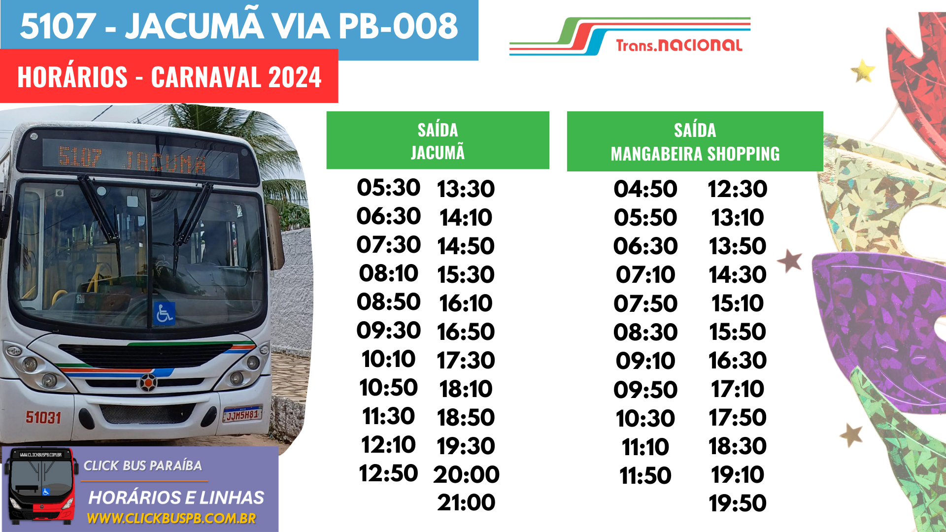 Horários para Jacumã neste carnaval 2024