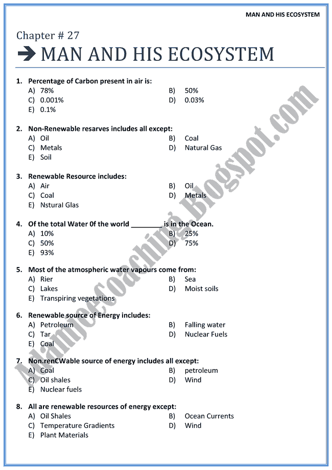 Biology Mcqs XII - Man and its Ecosystem - Mcqs