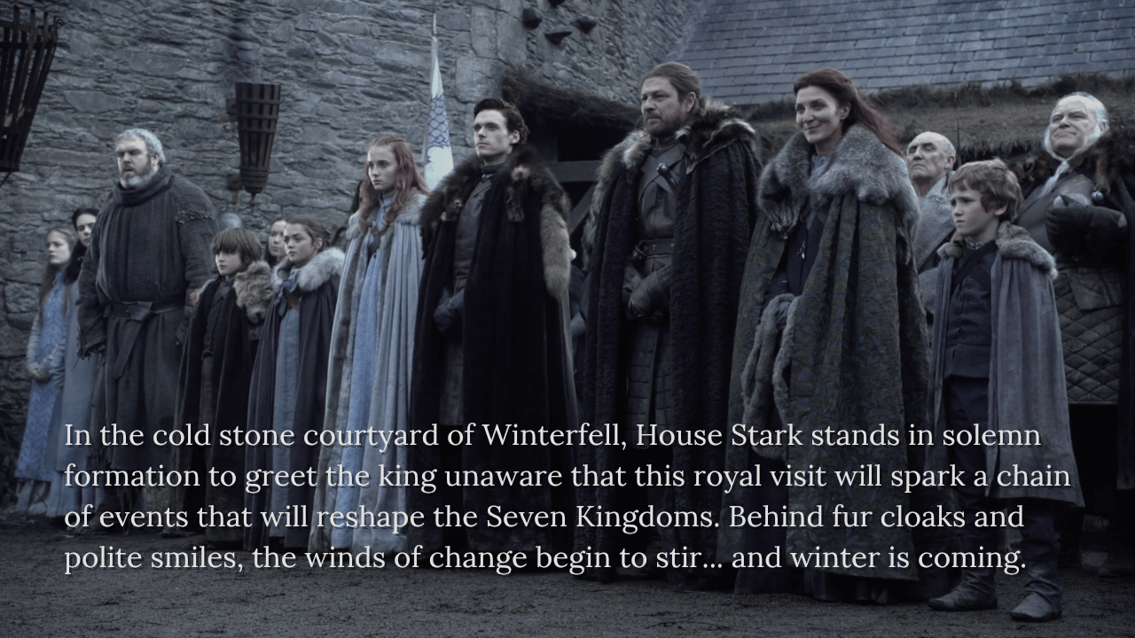  Keluarga Stark berdiri di halaman Winterfell menyambut kedatangan Raja Robert – Game of Thrones Musim 1